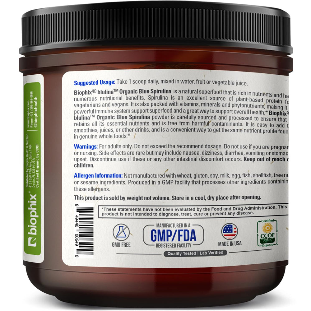 Biophix blue spirulina packaging highlights 170 servings per jar
