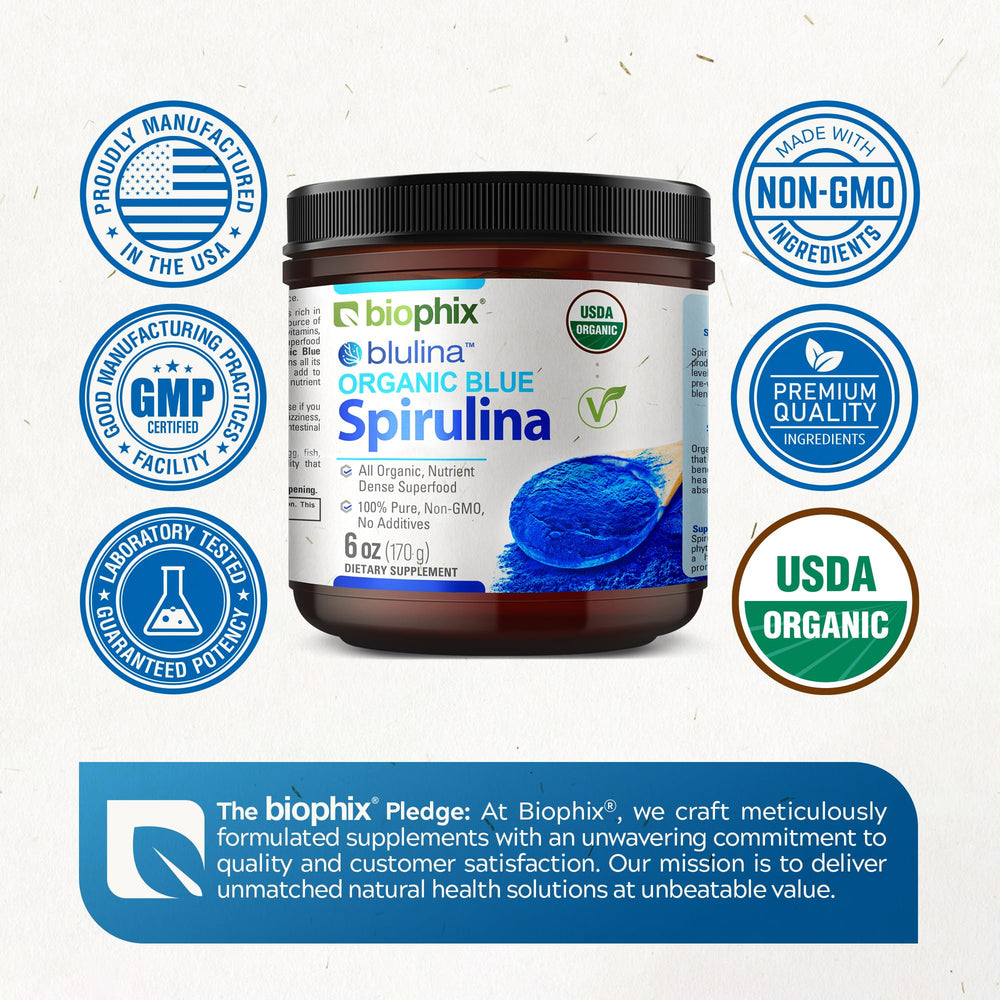 Biophix blue spirulina powder bottle beside bowls and spoon
