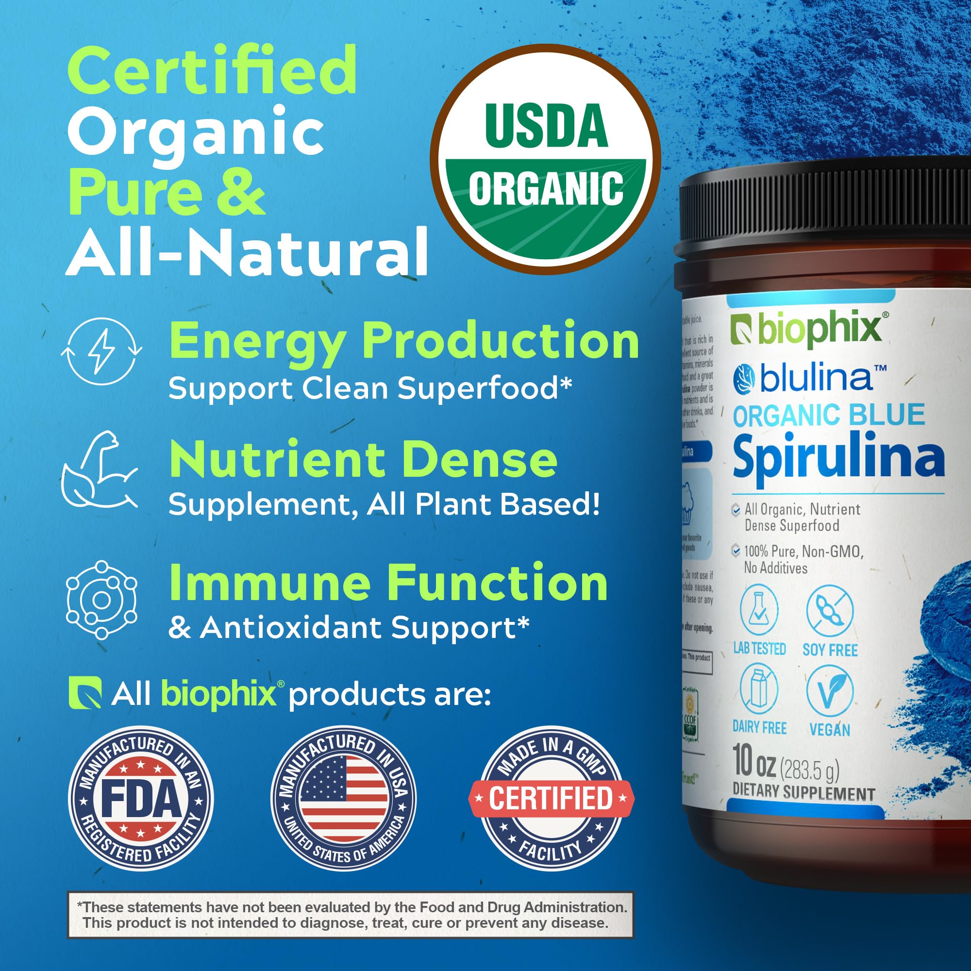 Biophix Blue Spirulina Powder bowl with smoothie displaying natural color