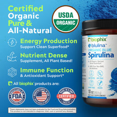 Biophix Blue Spirulina Powder bowl with smoothie displaying natural color