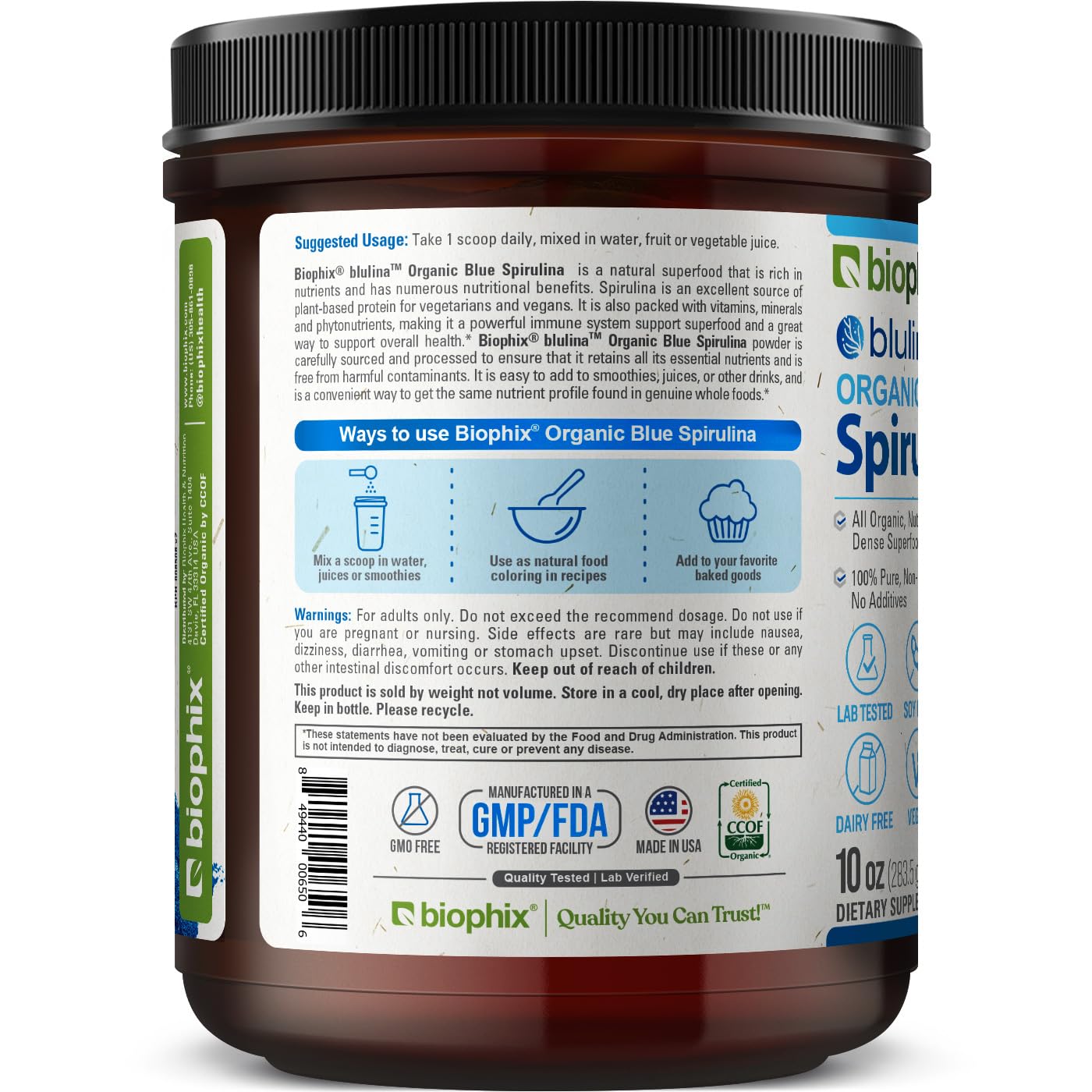 Biophix Blue Spirulina Powder airtight canister preserves freshness