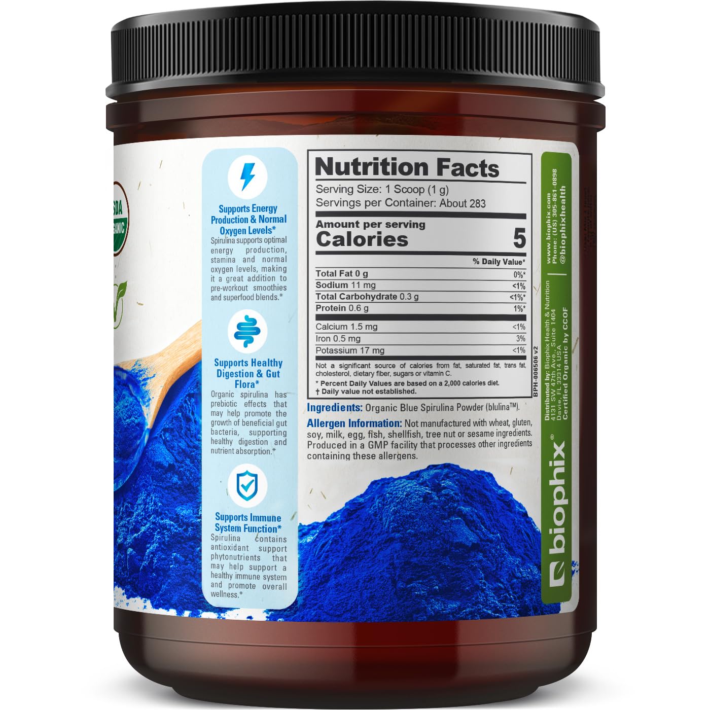 Biophix Blue Spirulina Powder ingredient list noting non-GMO and gluten-free