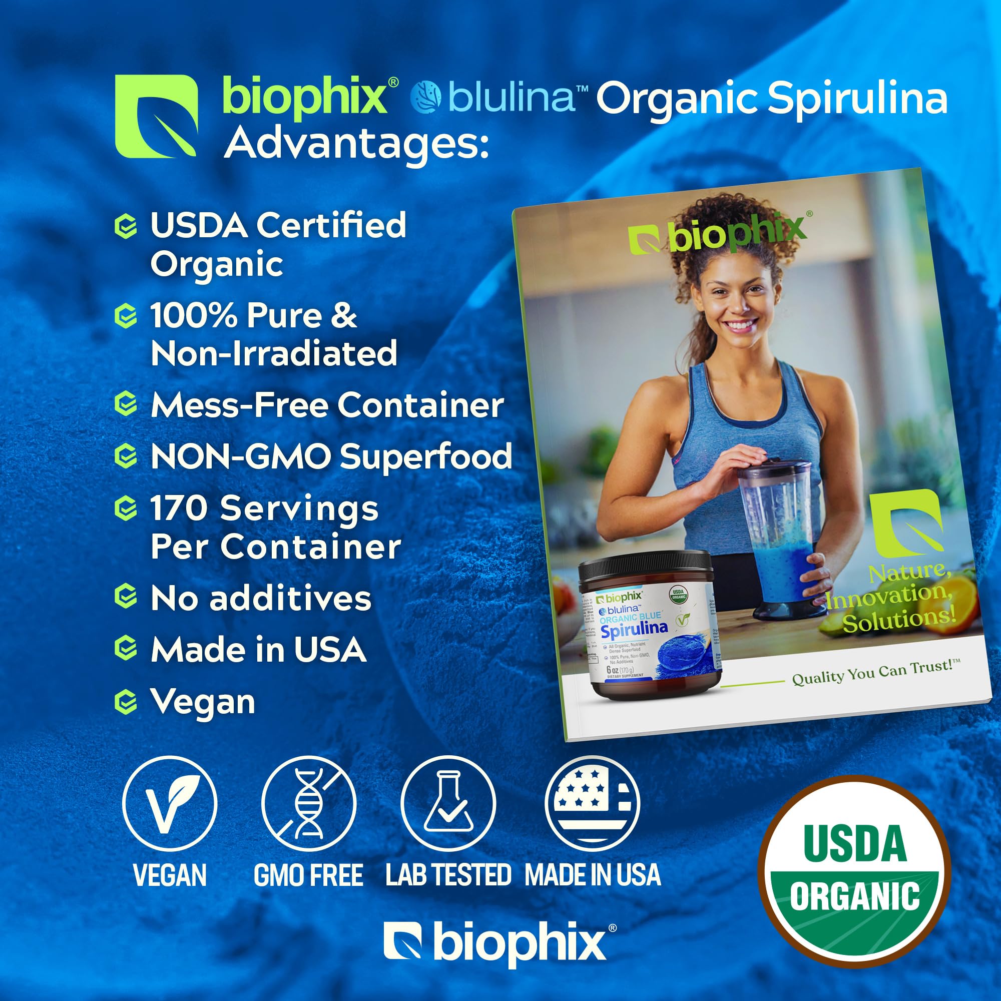 Biophix blue spirulina powder jar close-up highlighting natural blue pigment