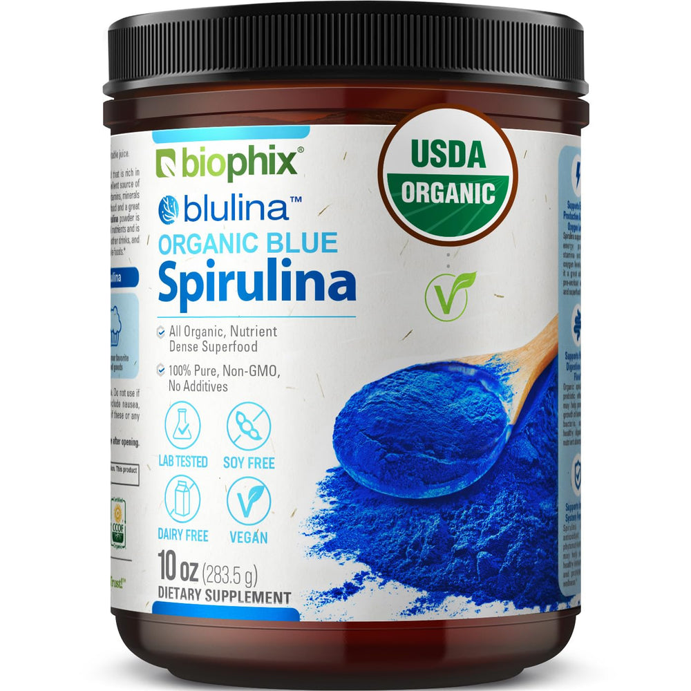 Biophix Blue Spirulina Powder jar showing vibrant blue pigment and organic quality