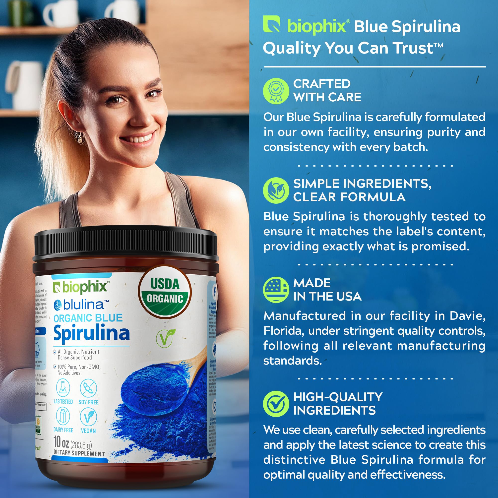 Biophix Blue Spirulina Powder label highlights USA-made organic ingredients