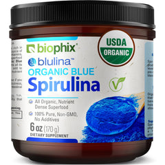 Biophix blue spirulina powder tub showing vibrant color for smoothies