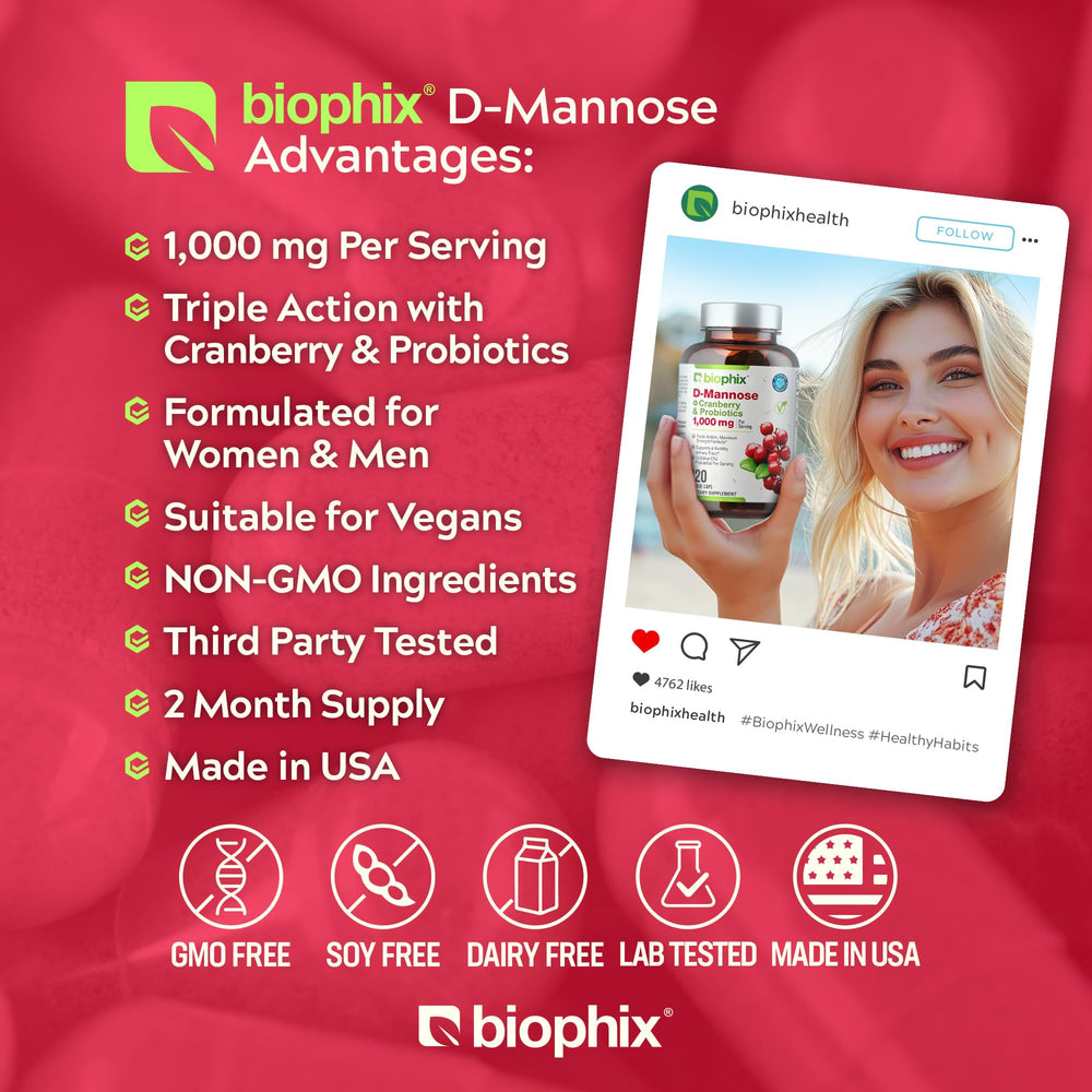 Biophix D-Mannose capsule close-up with cranberry and probiotic ingredients supporting balance.