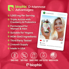 Biophix D-Mannose capsule close-up with cranberry and probiotic ingredients supporting balance.