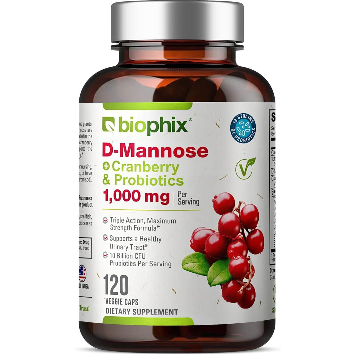 Biophix D-Mannose 1000mg capsules bottle on shelf supports urinary tract wellness.