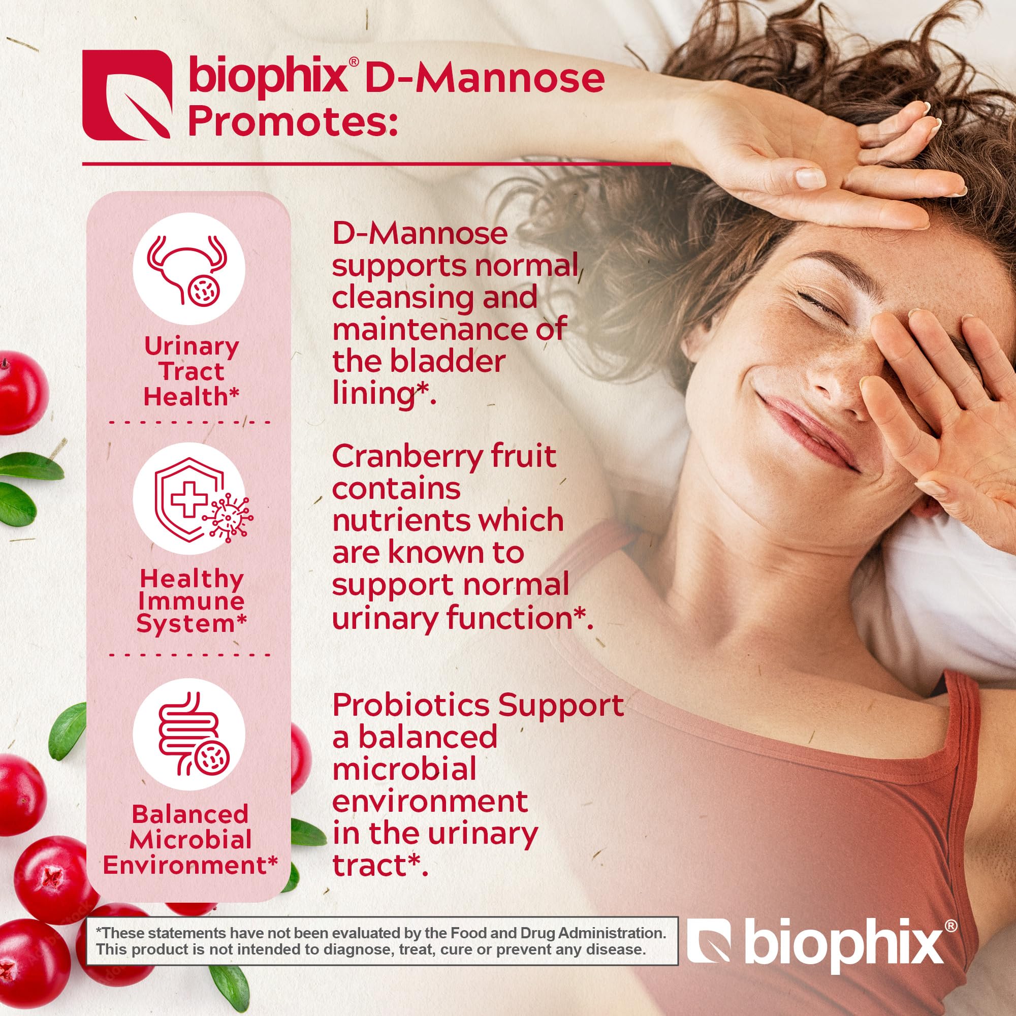 Biophix D-Mannose capsule close-up showing cranberry and probiotic ingredients.
