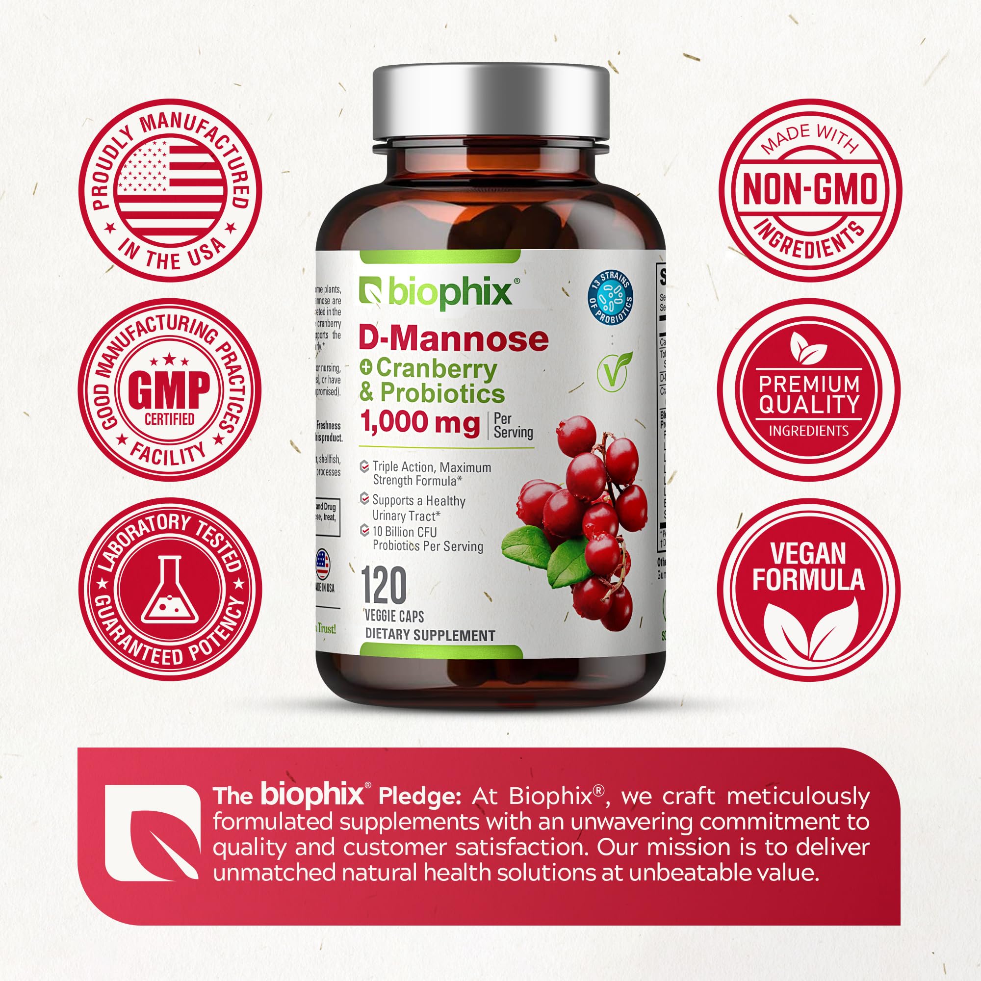 Biophix D-Mannose ingredient panel on bottle indicating 10 Billion CFU probiotics.