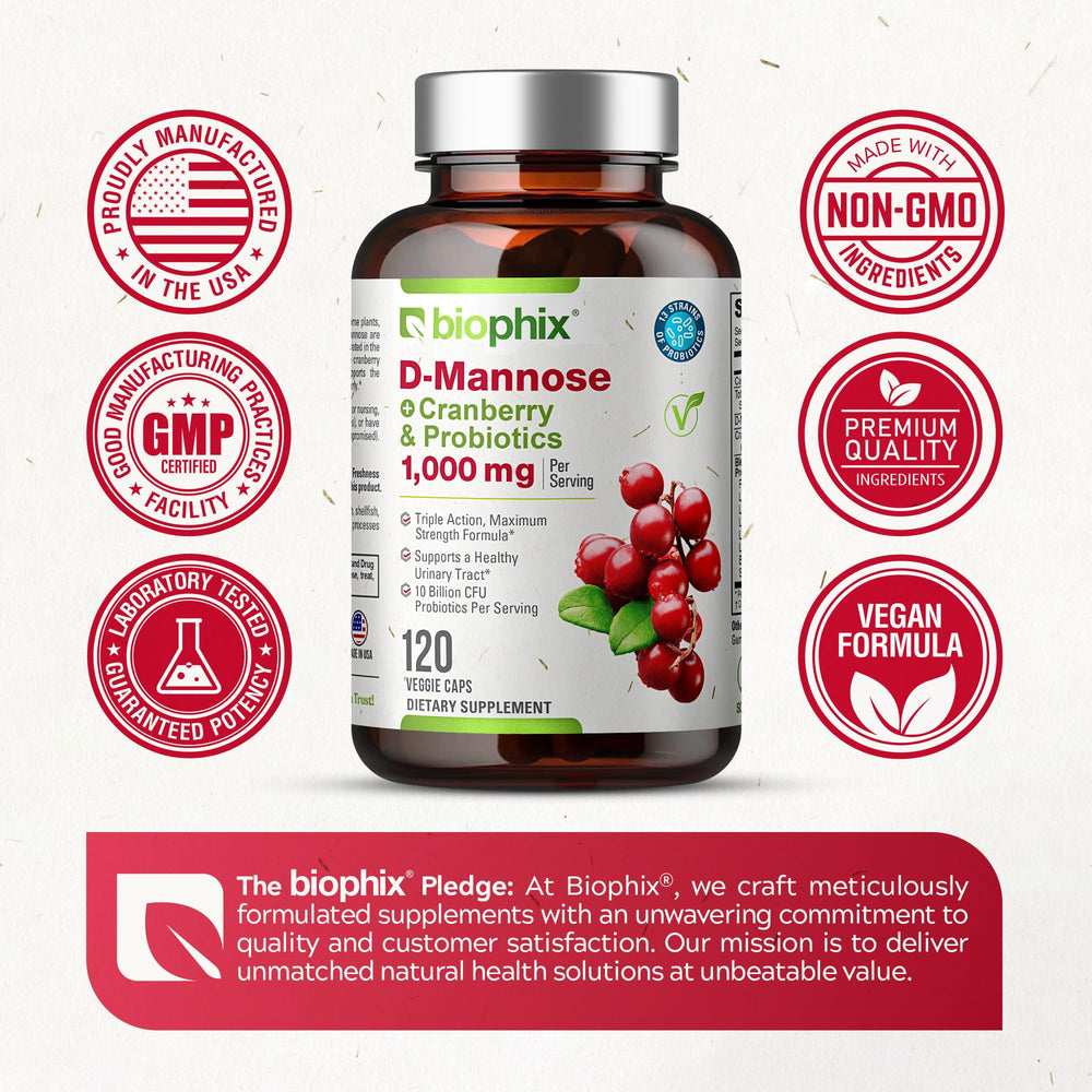 Biophix D-Mannose ingredient panel on bottle indicating 10 Billion CFU probiotics.