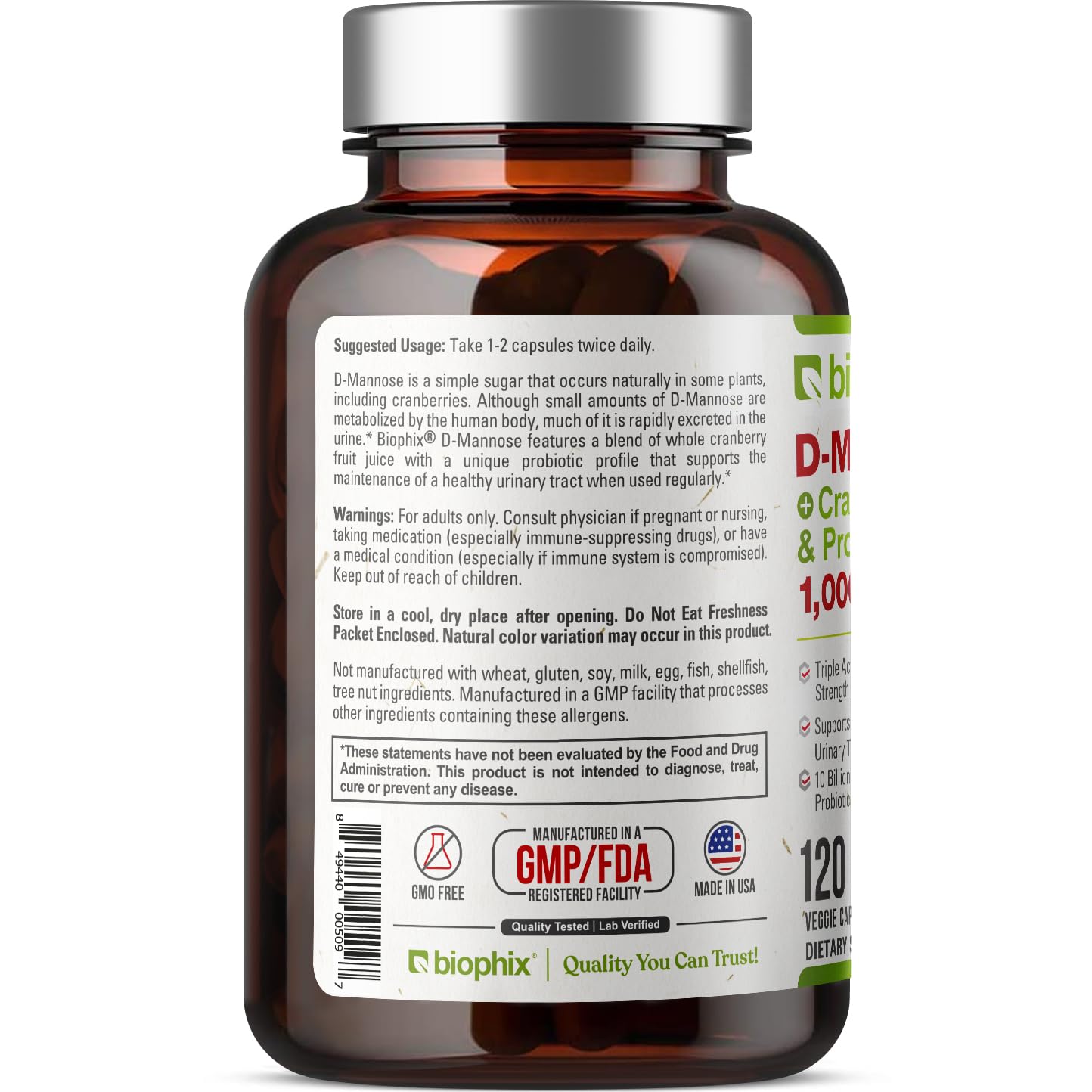 Biophix D-Mannose label highlights cranberry and probiotic blend for urinary and digestive support.
