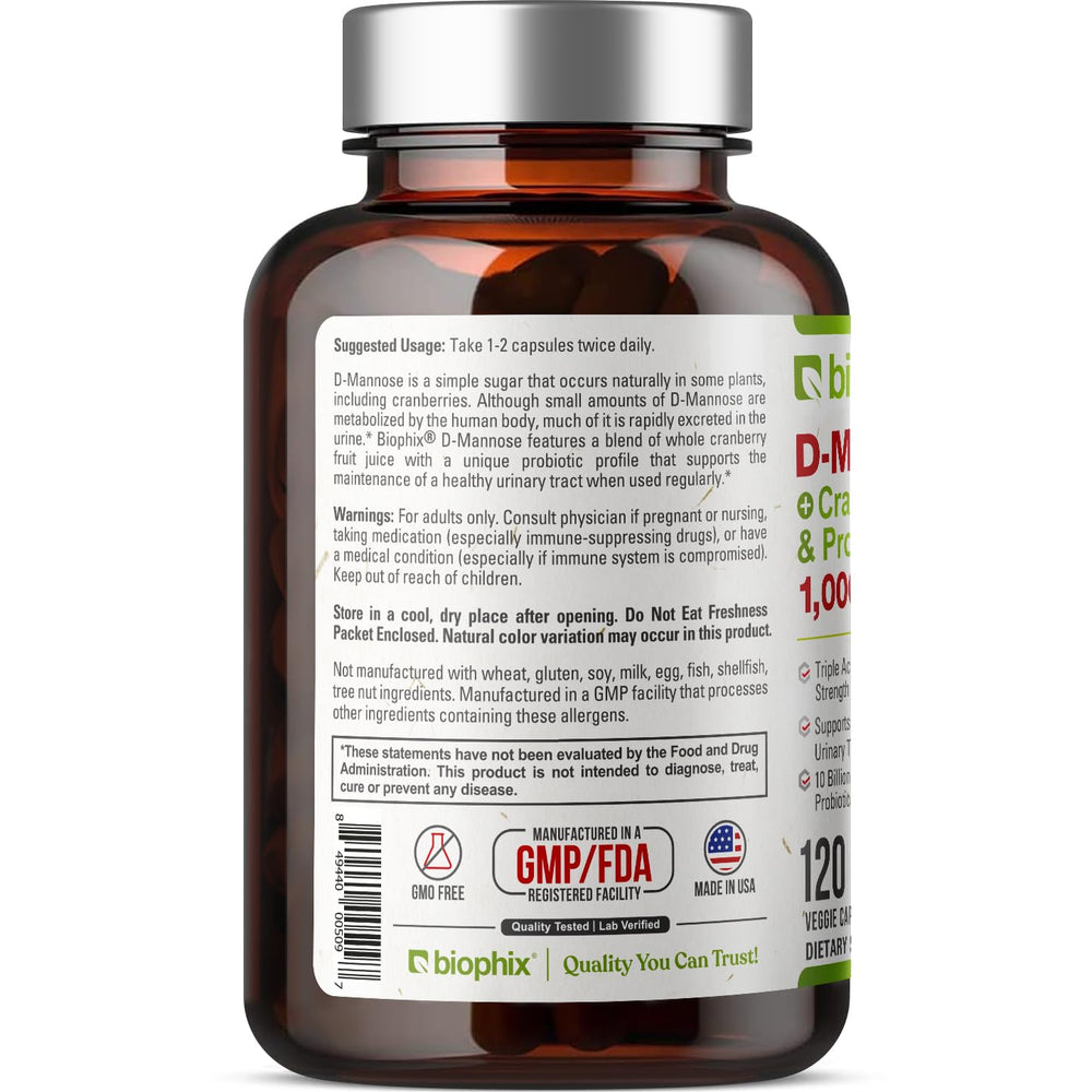 Biophix D-Mannose label highlights cranberry and probiotic blend for urinary and digestive support.
