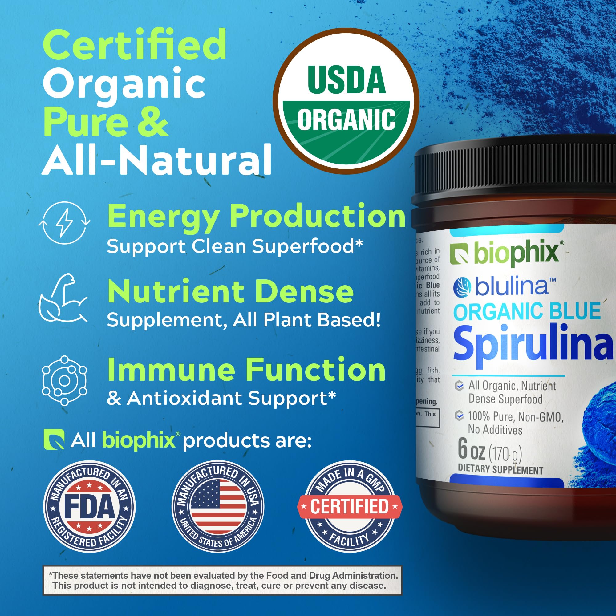 Biophix logo with powder and blue smoothie demonstrates versatility