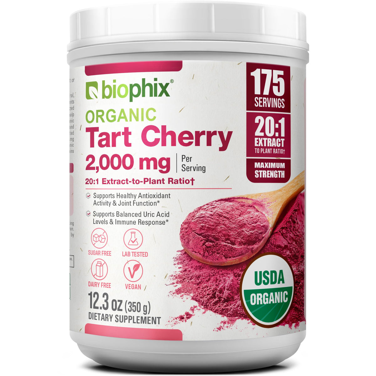 Biophix Tart Cherry Powder Extract bottle showing compact organic packaging for daily antioxidant support.