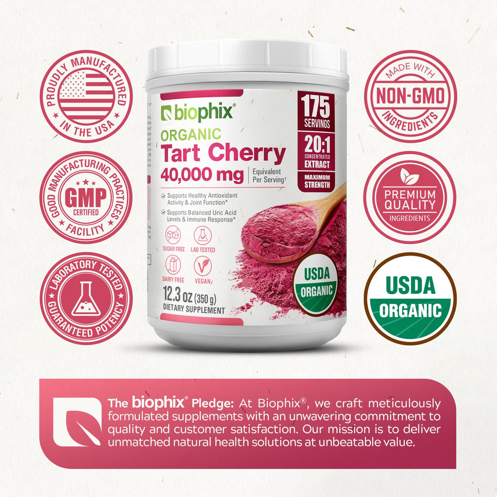 Biophix Tart Cherry Powder jar close-up highlighting texture and natural color.
