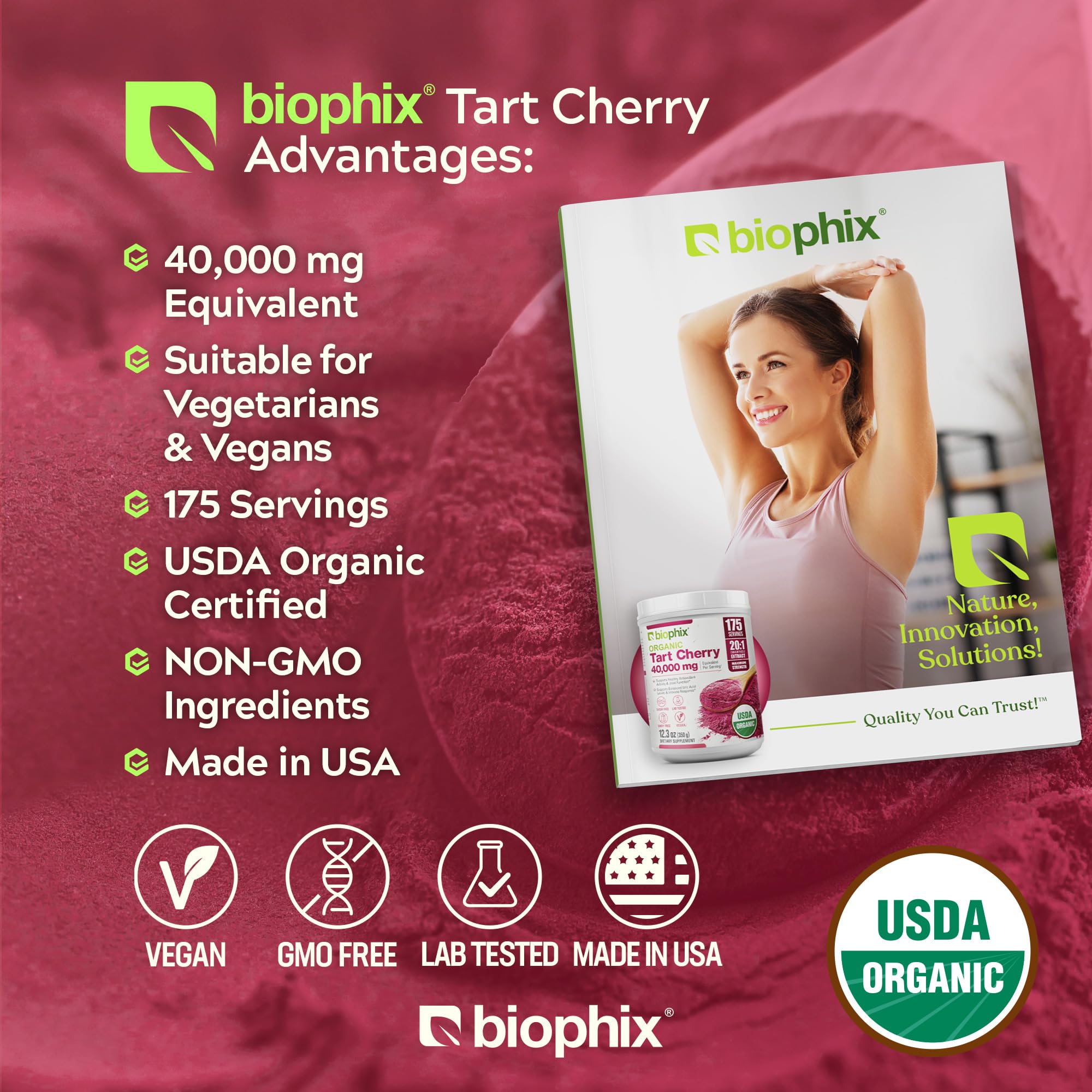 Biophix Tart Cherry Powder texture close-up emphasizing fine powder quality.