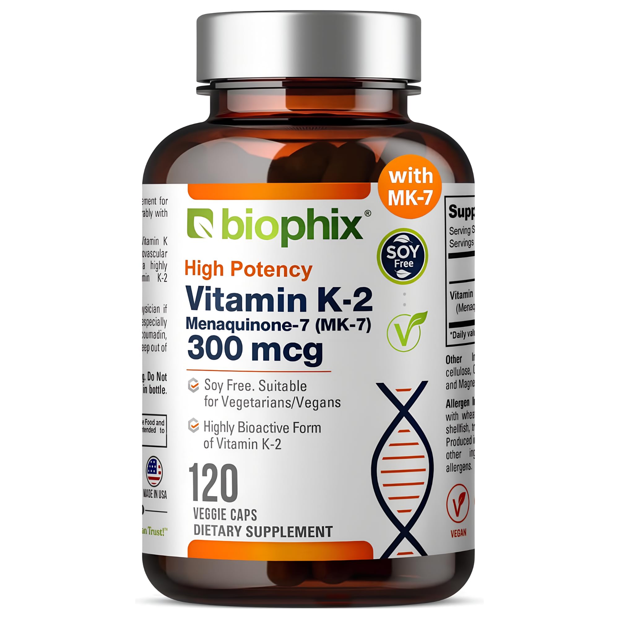Biophix Vitamin K2 MK-7 bottle supports calcium utilization for bone health.