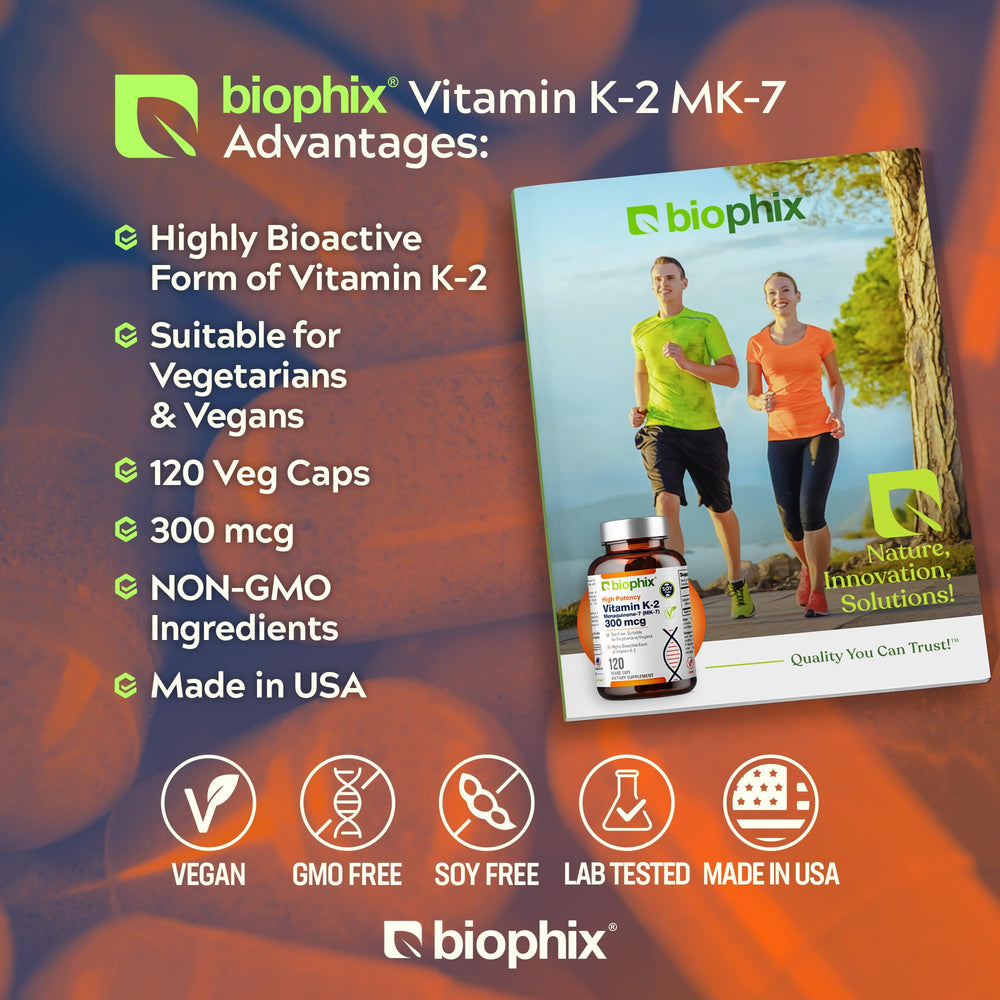 Biophix Vitamin K2 MK-7 label closeup highlights vegan formula and potency.