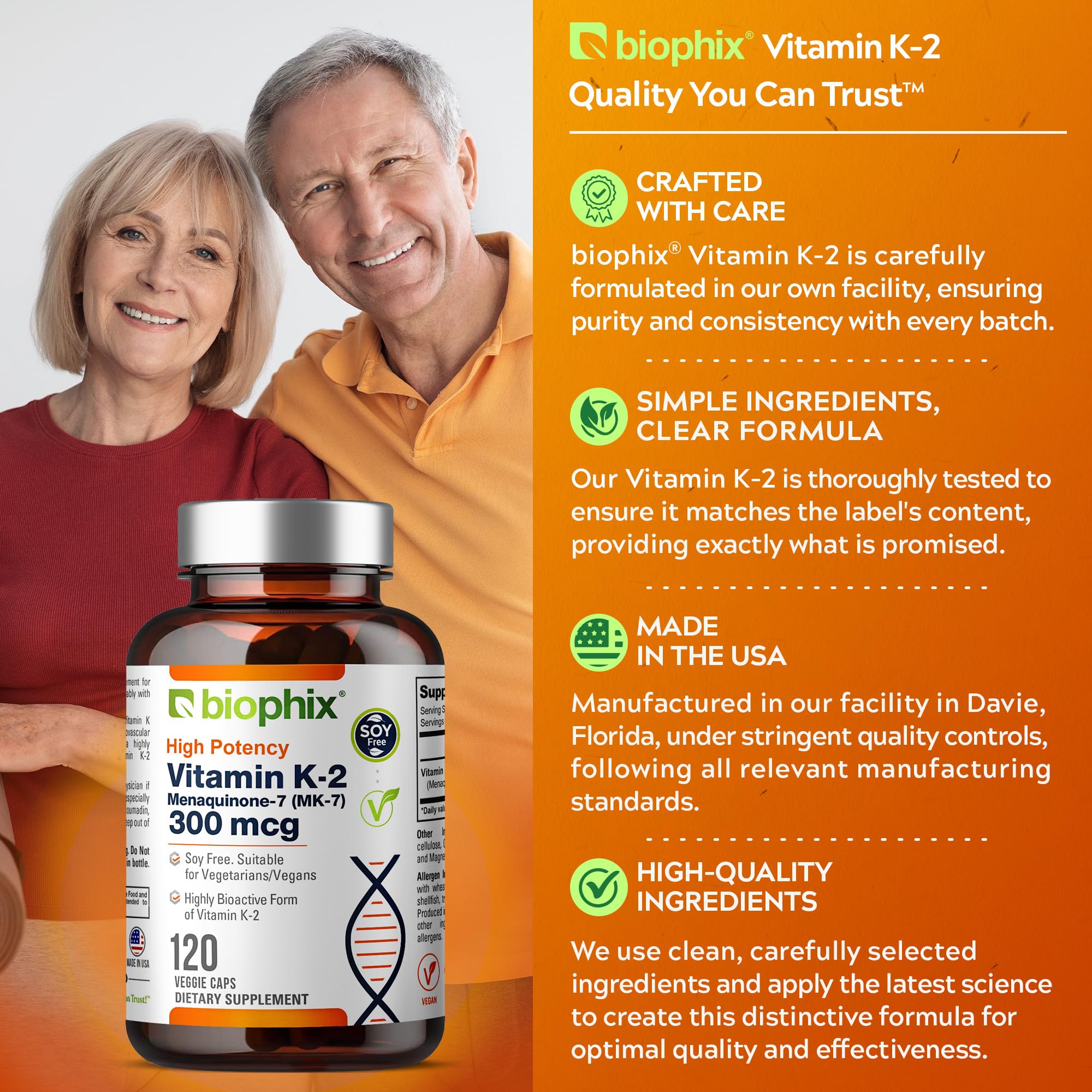 Biophix Vitamin K2 MK-7 nutrition facts panel highlights 300 mcg per capsule.