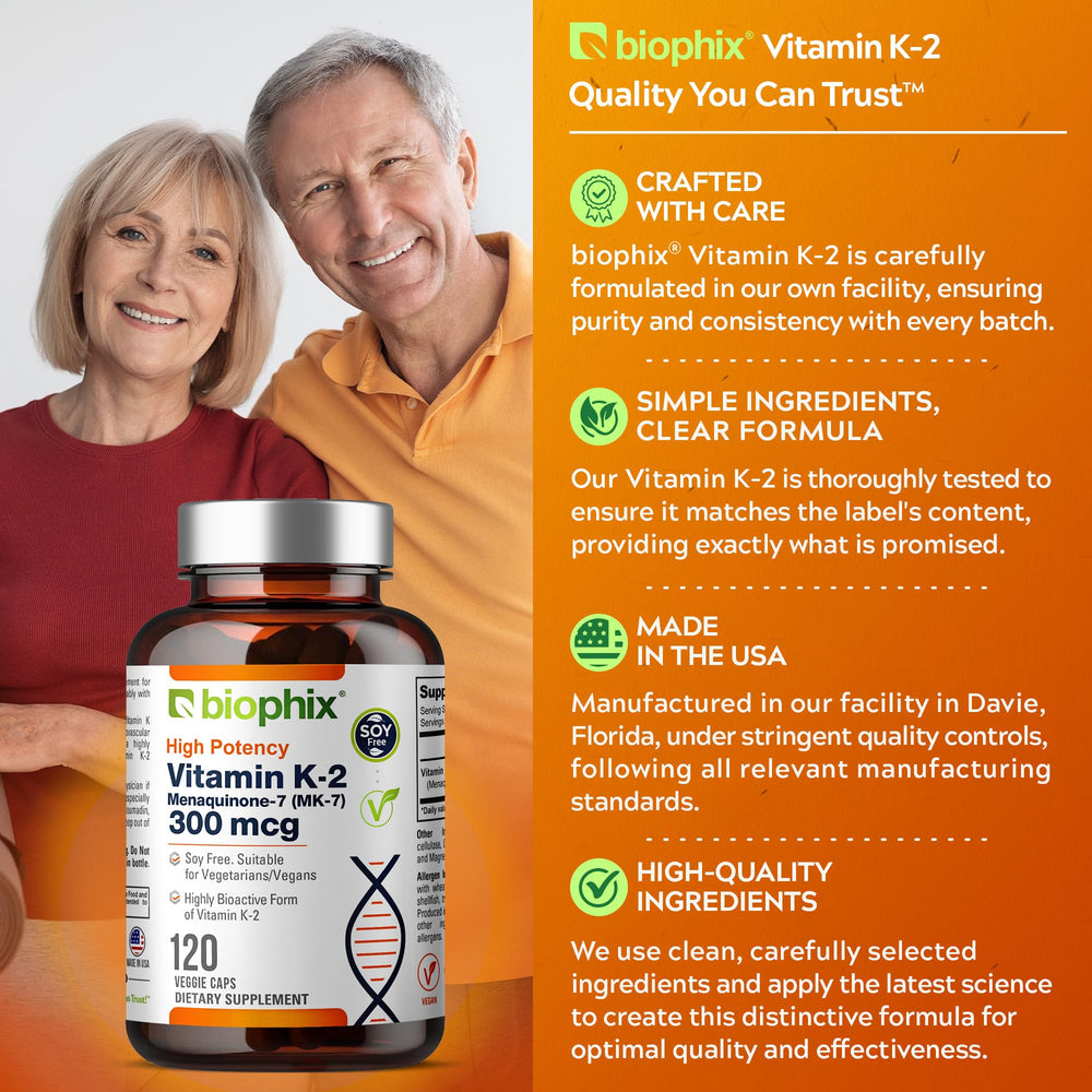 Biophix Vitamin K2 MK-7 nutrition facts panel highlights 300 mcg per capsule.