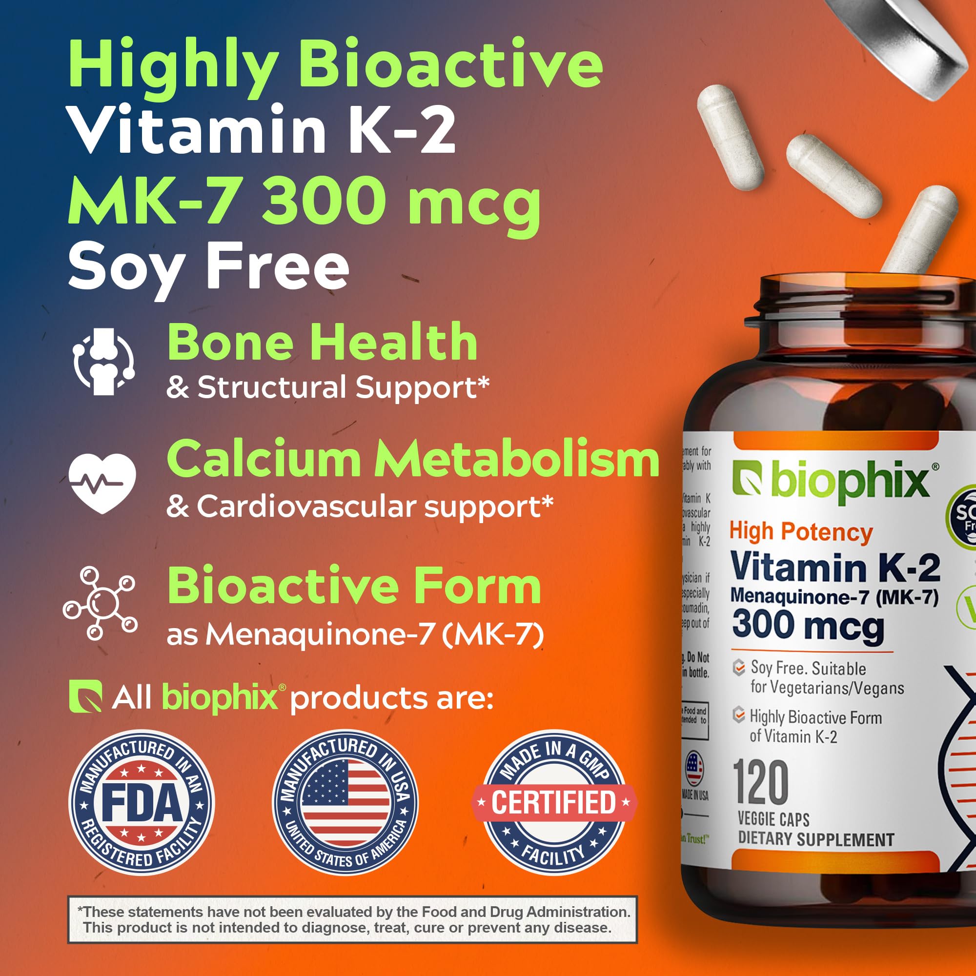 Biophix Vitamin K2 MK-7 serving card shows simple daily dosing.
