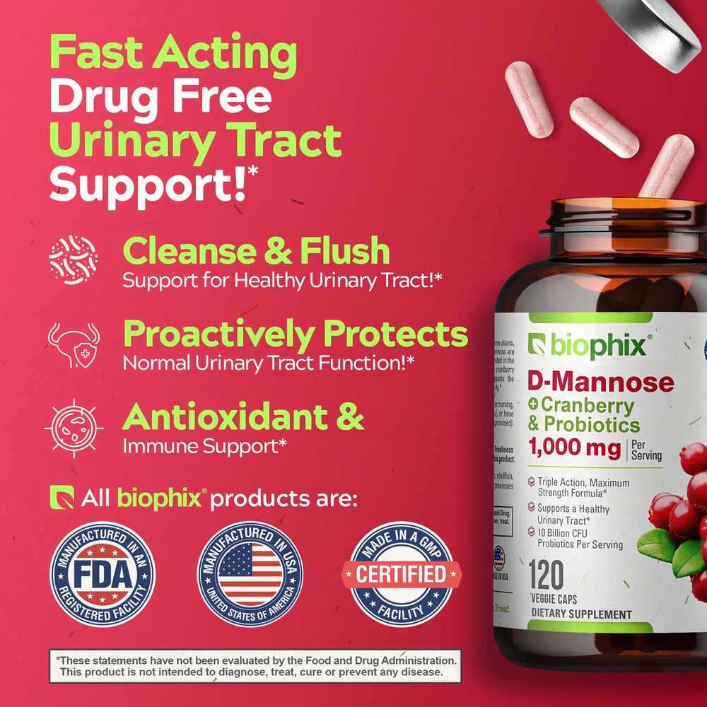 Biophix D-Mannose bottle in hand as a woman takes a capsule.