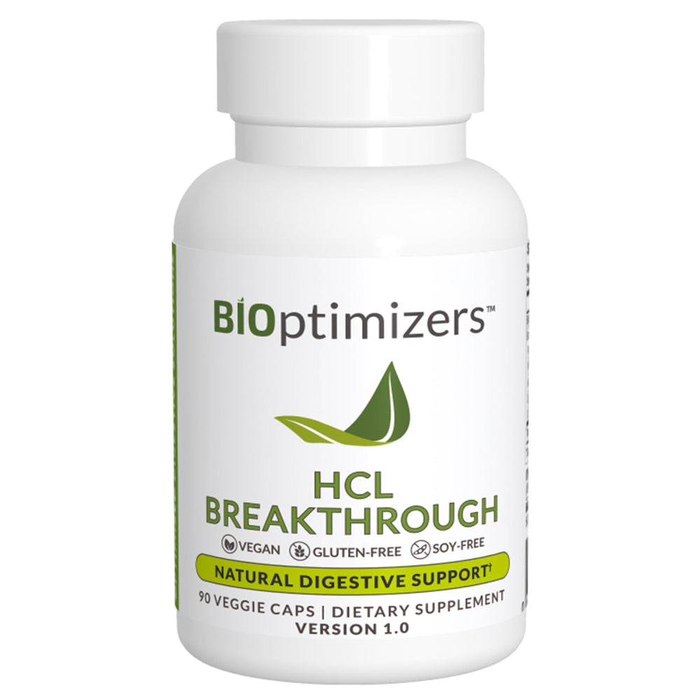 BIOptimizers HCL Breakthrough bottle label shows plant-based digestion support.