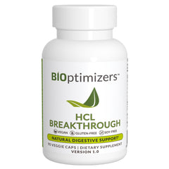 BIOptimizers HCL Breakthrough bottle label shows plant-based digestion support.