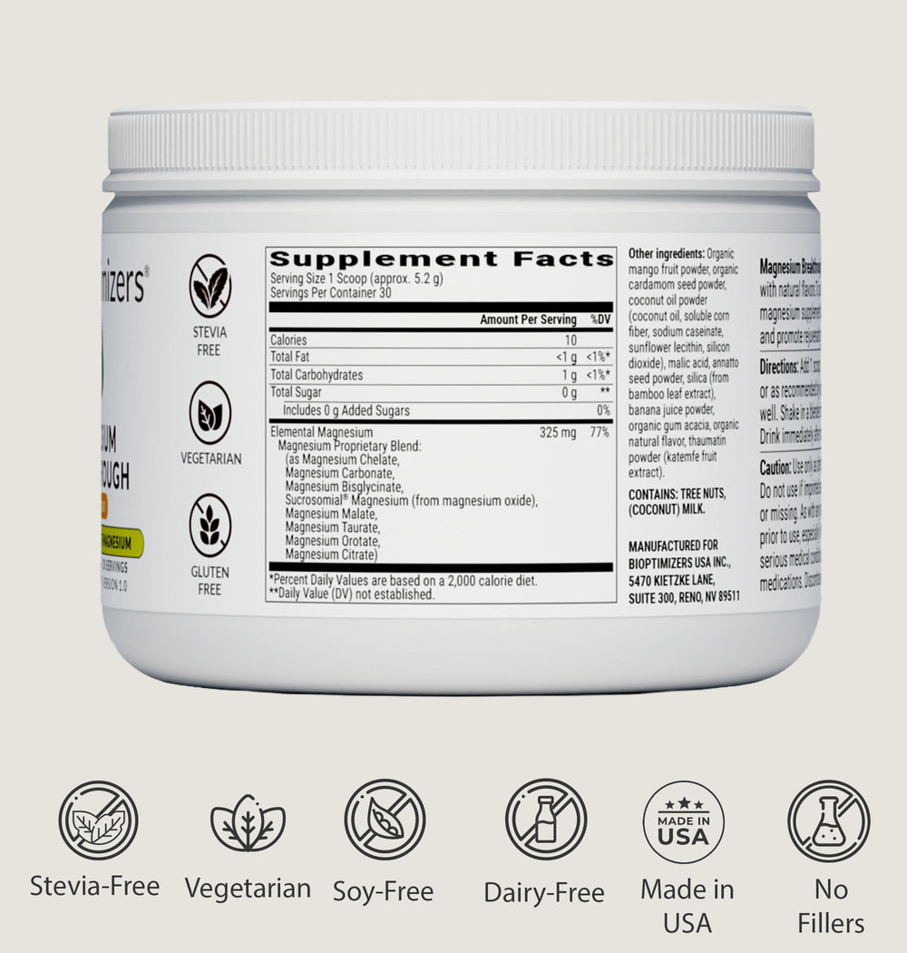 BiOptimizers Magnesium Breakthrough packaging emphasizes clean, organic ingredients