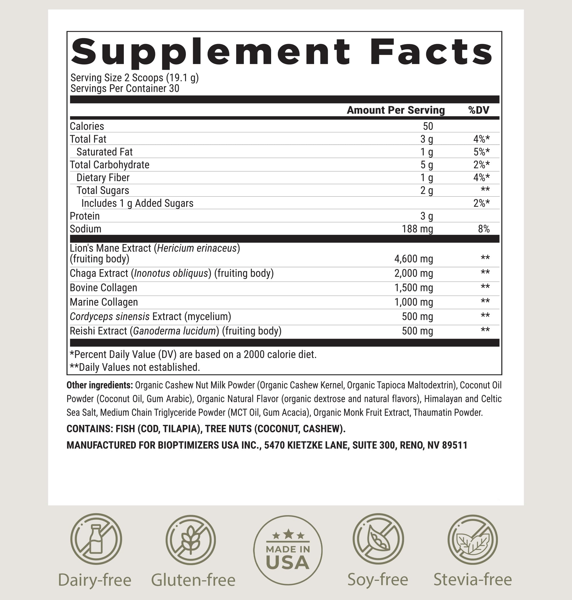 BIOptimizers Mushroom Coffee Alternative gluten-free label emphasizes pure, toxin-free formulation