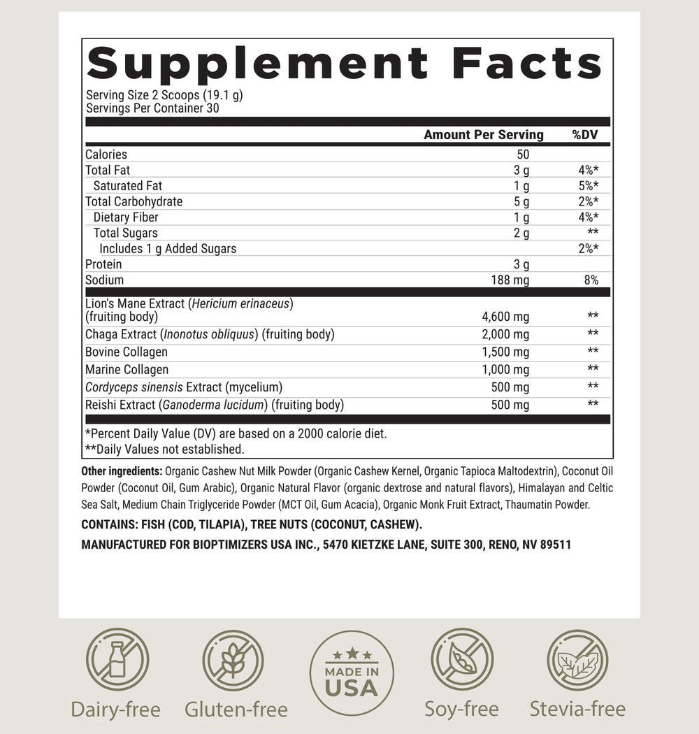 BIOptimizers Mushroom Coffee Alternative gluten-free label emphasizes pure, toxin-free formulation