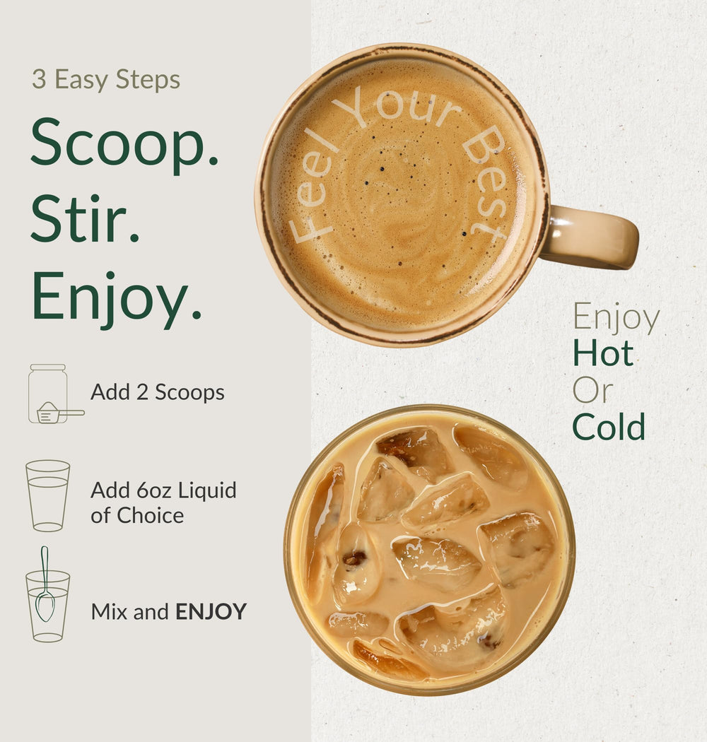 BIOptimizers Mushroom Coffee Alternative MCT swirl in glass suggesting smoother digestion support