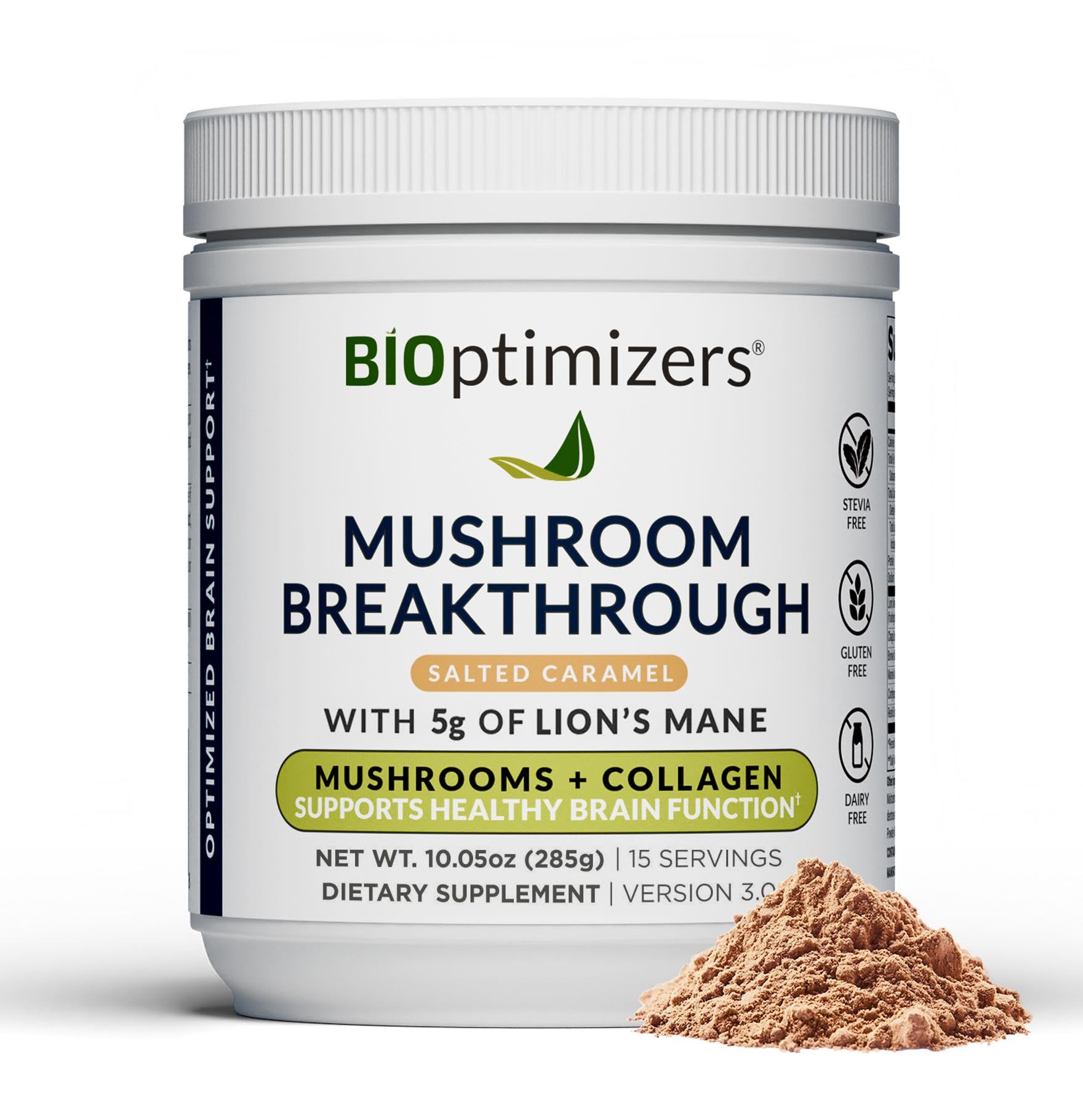 BIOptimizers mushroom coffee alternative salted caramel tub ready for a clean focus boost