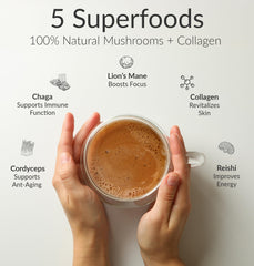 BIOptimizers Mushroom Coffee Alternative scoop pouring to dissolve quickly in hot or cold drinks
