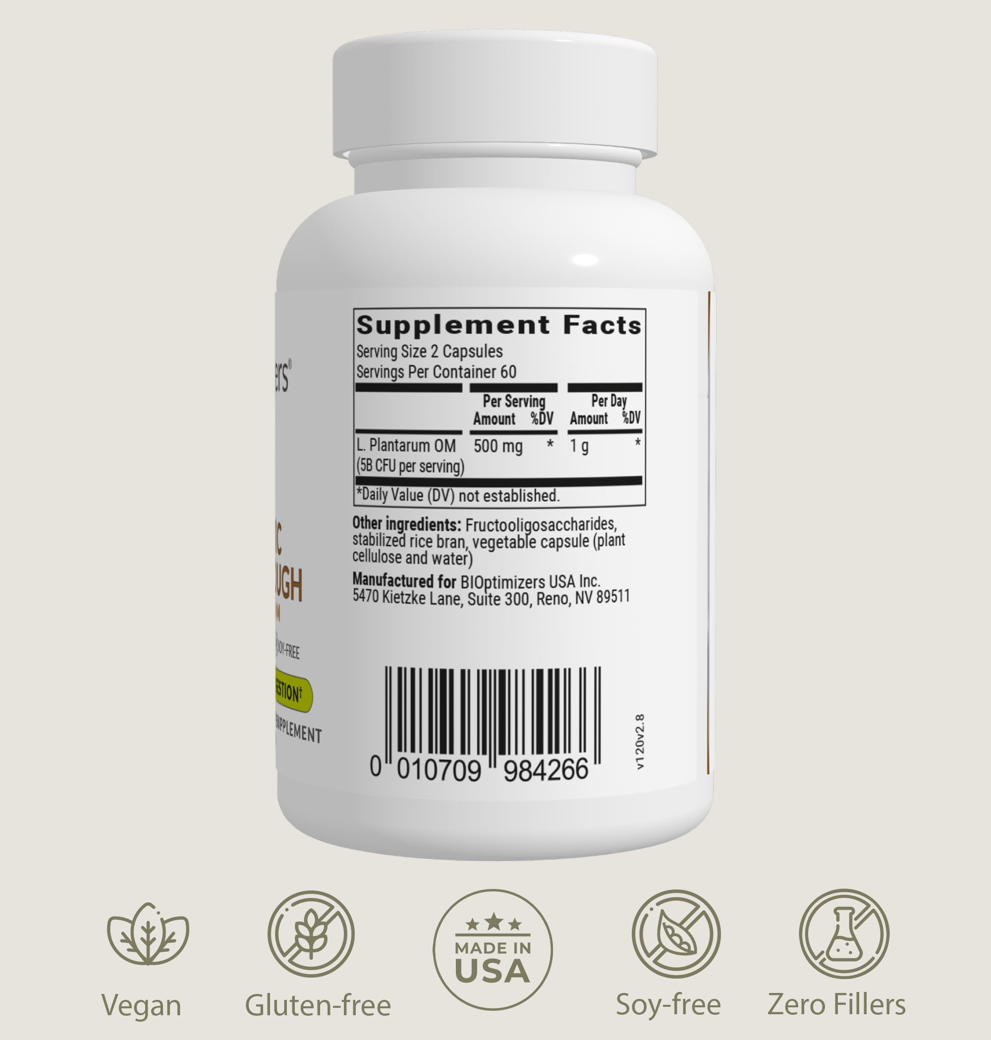 BIOptimizers Probiotic Breakthrough label shows Lactobacillus Plantarum OM involvement