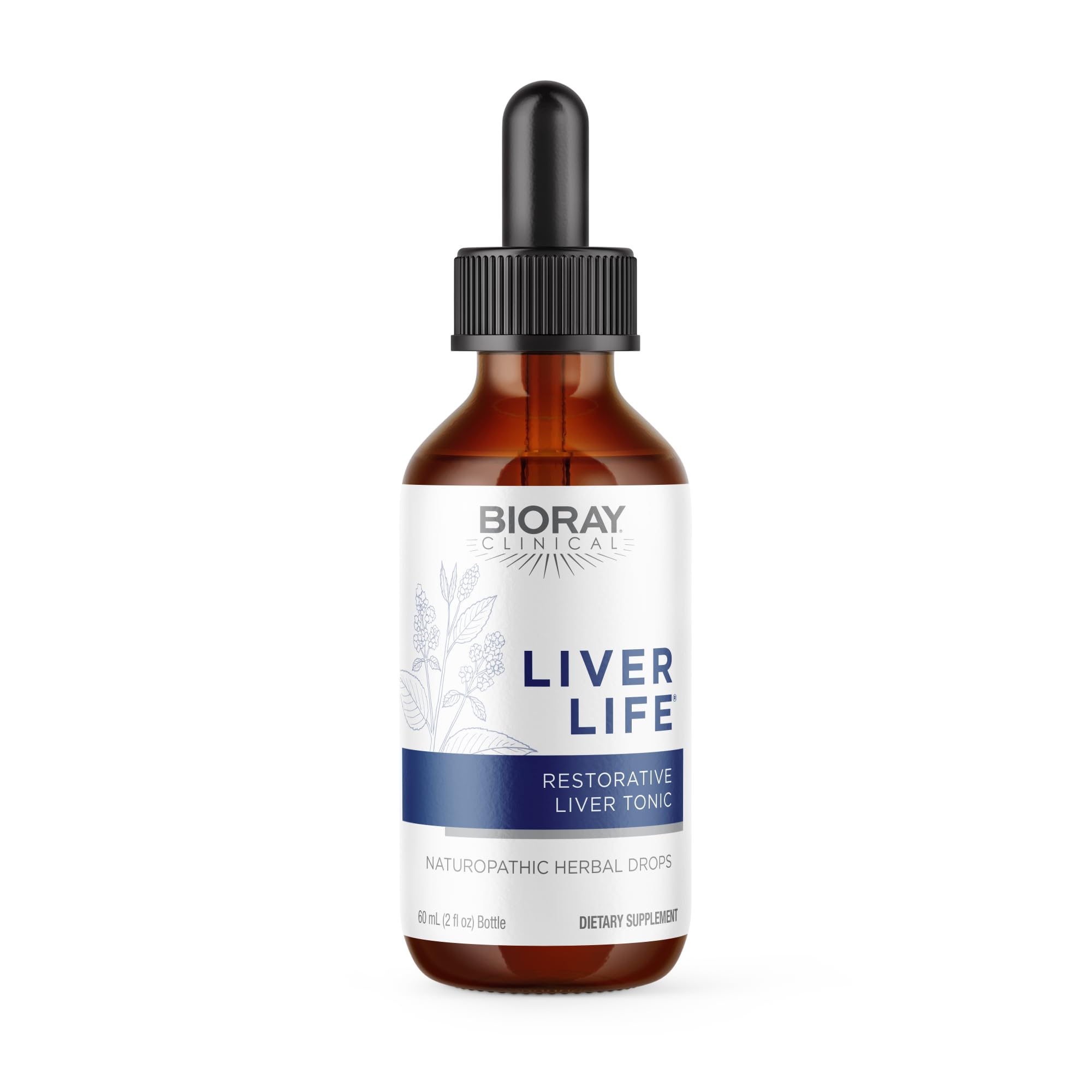 BIORAY Clinical Liver Life bottle label shows non-GMO, gluten-free, vegetarian formula.