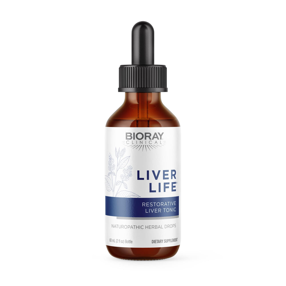 BIORAY Clinical Liver Life bottle label shows non-GMO, gluten-free, vegetarian formula.
