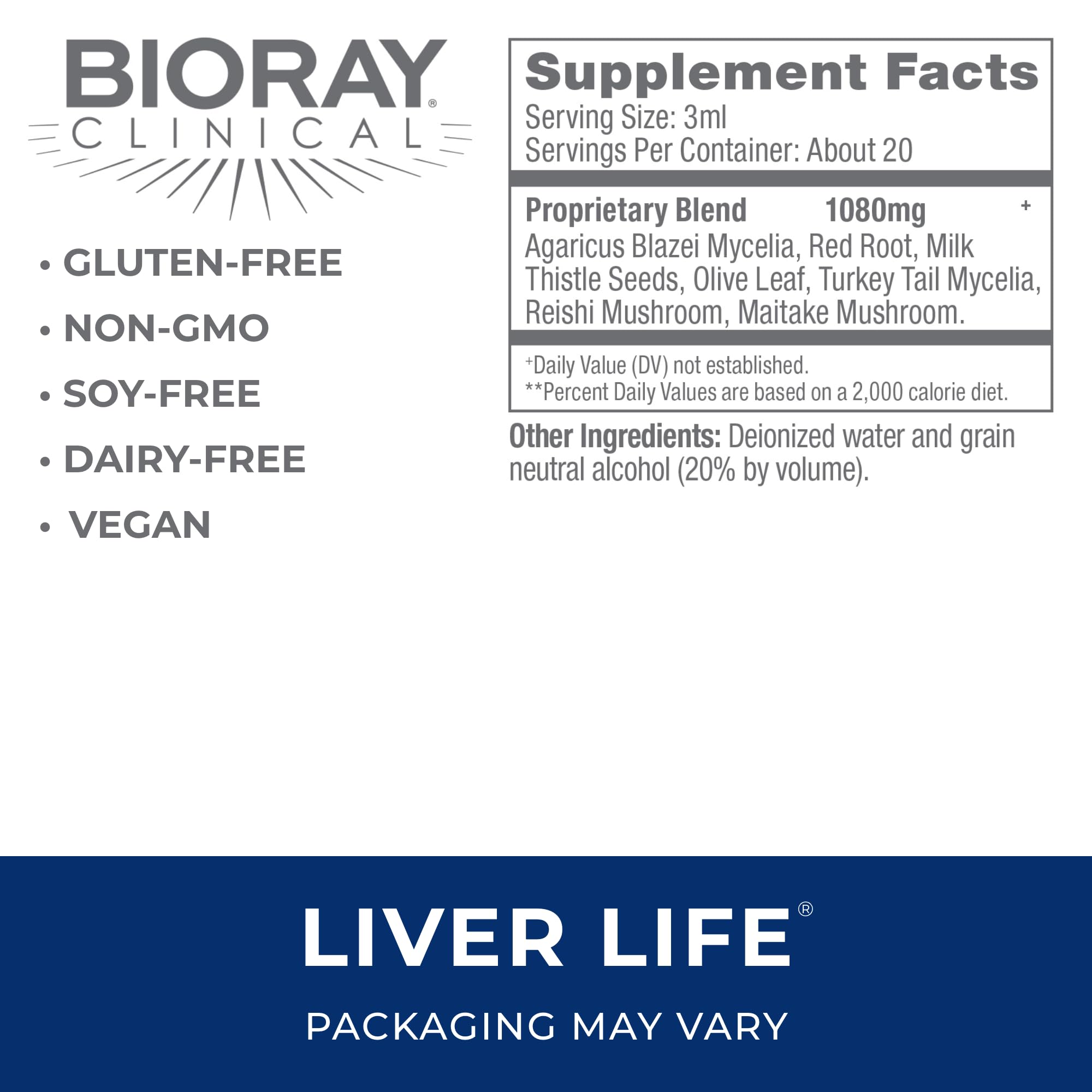 BIORAY Liver Life drops in water illustrating easy daily use for toxin support.
