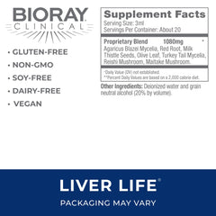 BIORAY Liver Life drops in water illustrating easy daily use for toxin support.
