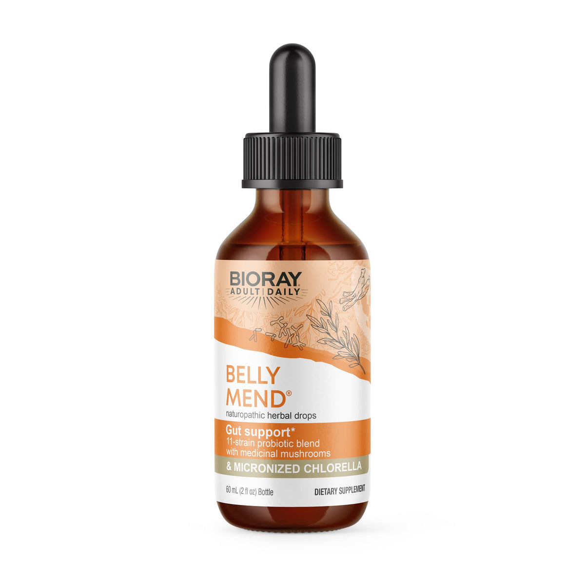 BIORAY Daily Belly Mend bottle with 11-strain probiotic blend for gut support.