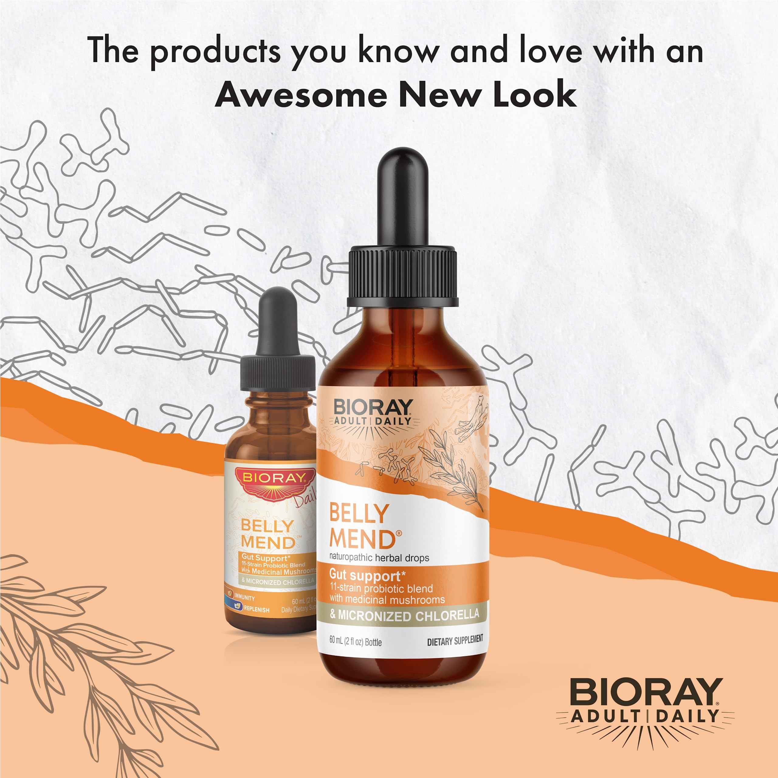 BIORAY Daily Belly Mend packaging highlights non-GMO, vegetarian, gluten-free features.