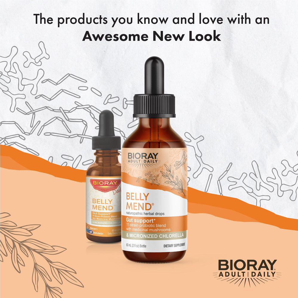 BIORAY Daily Belly Mend packaging highlights non-GMO, vegetarian, gluten-free features.