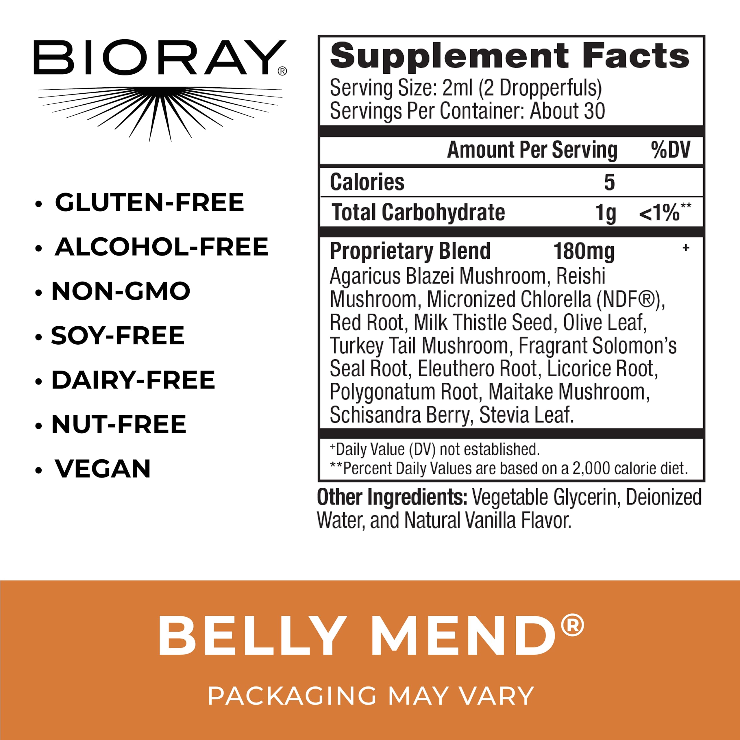 BIORAY Daily Belly Mend pour shows a smooth liquid for daily digestive comfort.