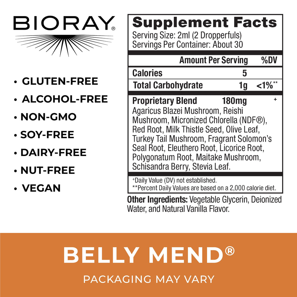 BIORAY Daily Belly Mend pour shows a smooth liquid for daily digestive comfort.