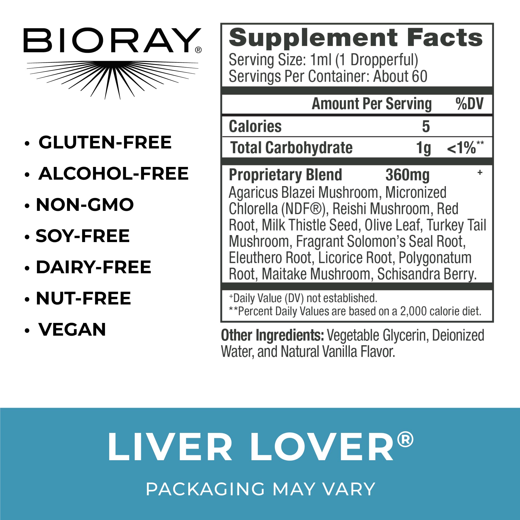 BIORAY Daily Liver Lover label close-up highlights organic vegan gluten-free formula