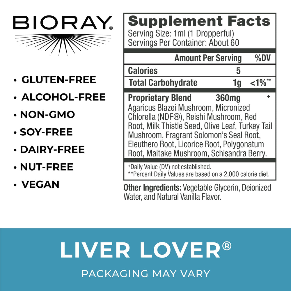 BIORAY Daily Liver Lover label close-up highlights organic vegan gluten-free formula