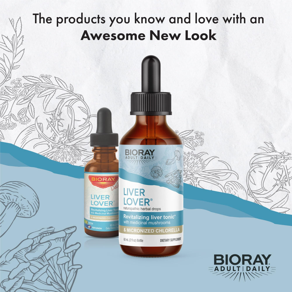 BIORAY Daily Liver Lover liquid drops show a premium non-GMO tonic