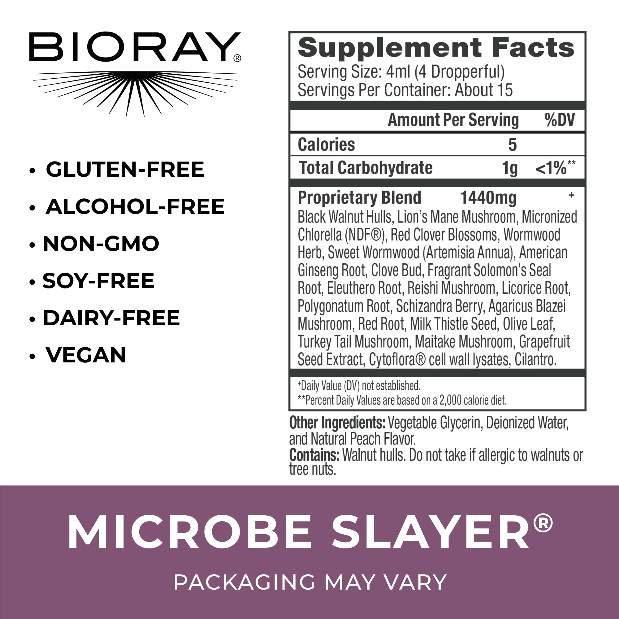 BIORAY Daily Microbe Slayer label highlighting herbal blend for liver nourishment